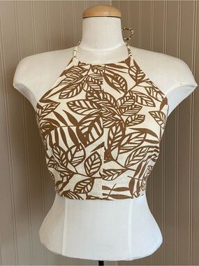 House of Harlow 1960 Leaf Print Halter Crop Top Linen Blend Women’s Size 4